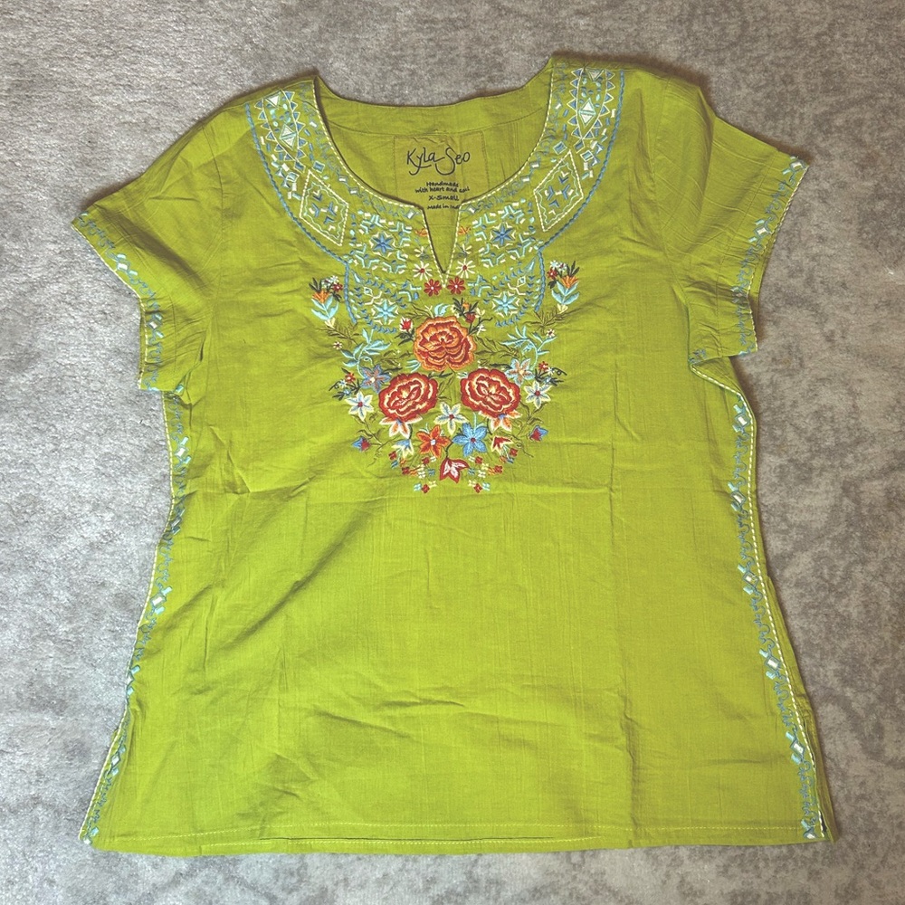 Kyla Seo Caite and Kyla Bright Green Floral Embroidered Blouse Bold Statement